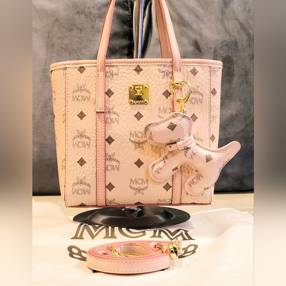 NWOT MCM Pink Logo Mini Tote with Dog Charm Keychain